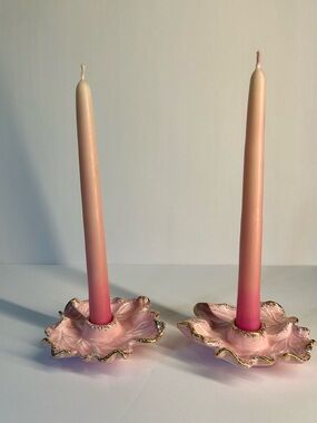 Vintage California Pottery Pink Leaf Candle Holders With Gold Accents Pair Of 2